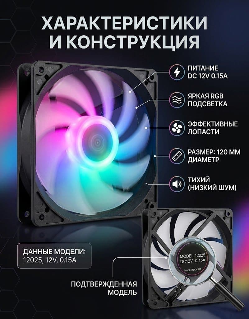 Вентилятор для ПК 120 мм, FRGB Molex 2-pin, тихий 23 дБ, охлаждение системного блока — фото товара