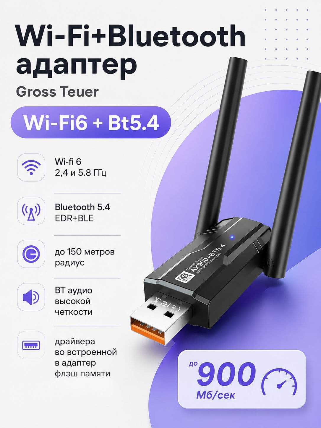 WI FI адаптер для компьютера AlisaFox блютуз адаптер для пк AX918B — фото товара